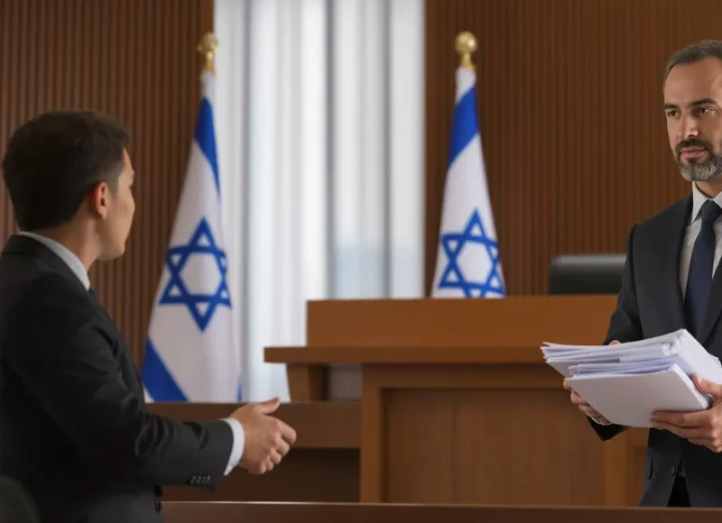 A lawyer in a suit stands in a formal courtroom with an Israeli flag and a justice symbol visible behind him, holding a stack of legal documents.