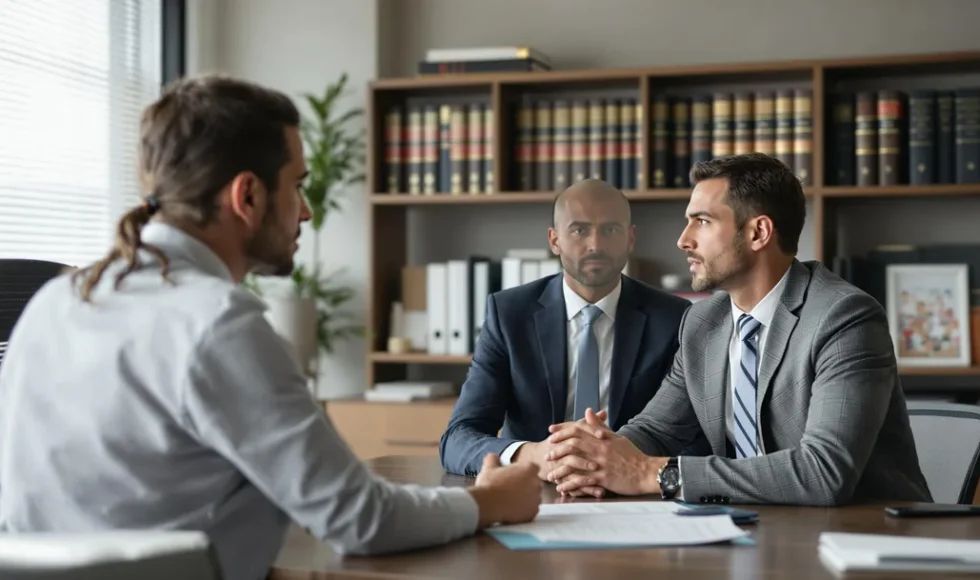 A meeting in a professional office with a lawyer and two clients discussing serious matters, with legal books in the background.